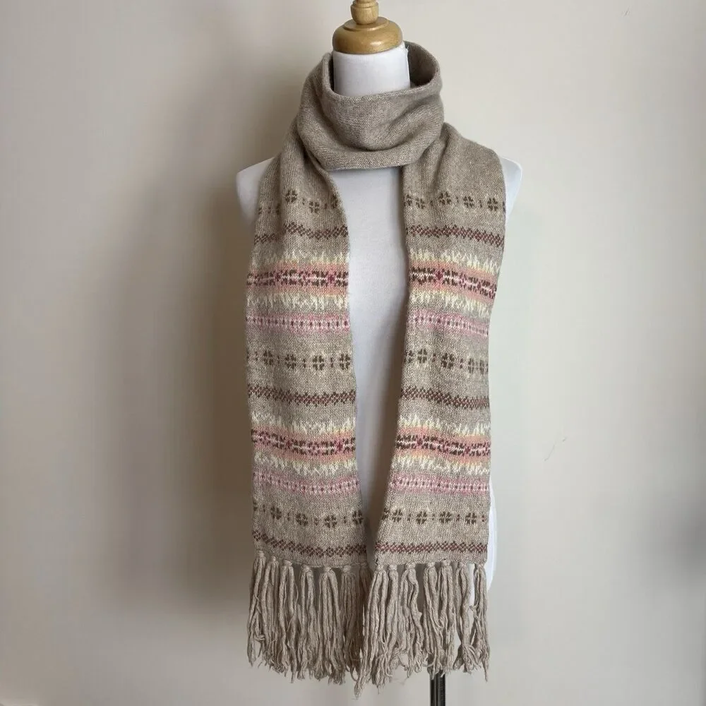 American Eagle Angora Cashmere Blend Fair Isle Fringe Scarf Beige Soft